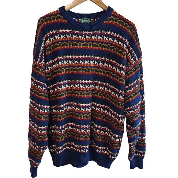Vintage Izod Sweater Men XL Blue 90s Geometric Abstract Cosby Knit Retro Grandpa - Picture 1 of 8